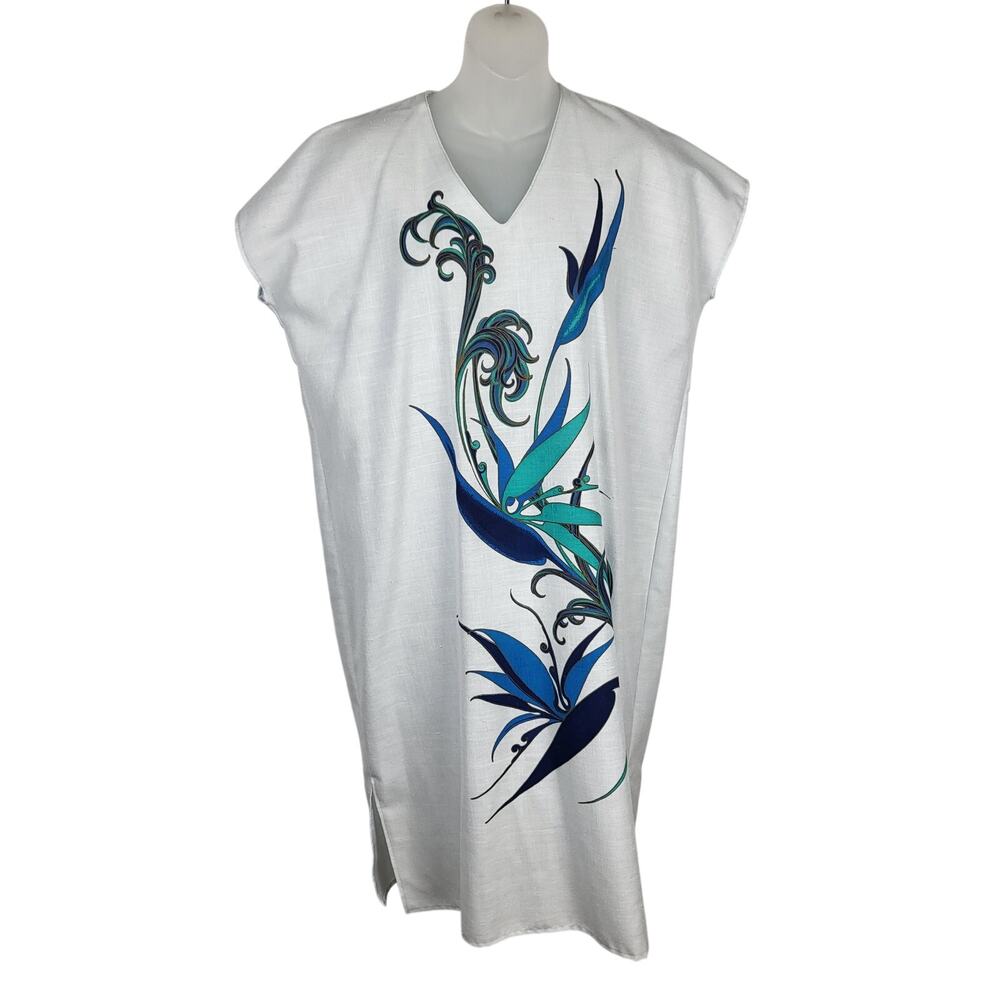 Vintage ALFRED SHAHEEN Shift Dress Bird of Paradise Signed Print Tunic Caftan